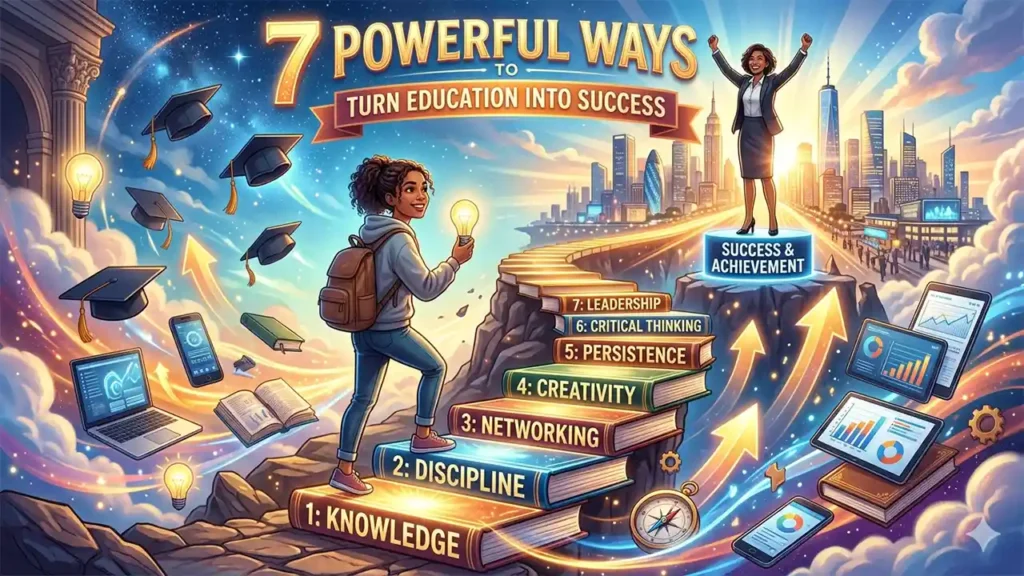 Illustration of a student climbing books labeled knowledge, discipline, networking, creativity, persistence, critical thinking, and leadership toward success and achievement in a modern city.