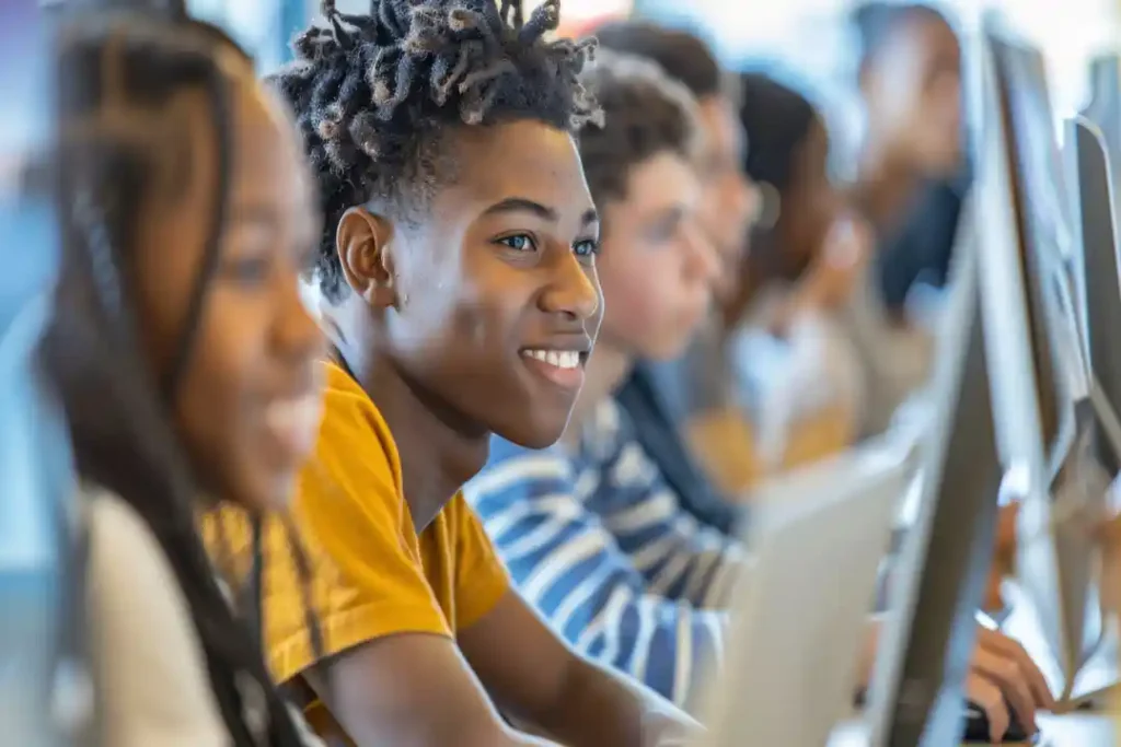 students learning how to learn computer skills fast in a computer training classroom