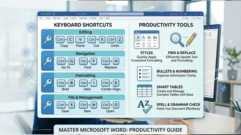 Microsoft Word tips and tricks — keyboard shortcuts displayed on a computer screen