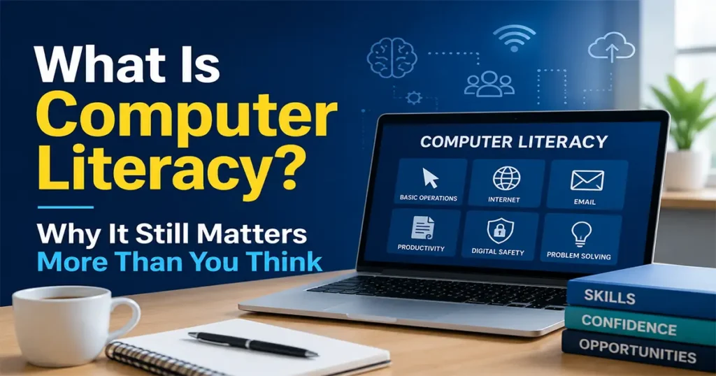 computer literacy skills illustration — laptop with document, shield, and cloud icons on a dark blue background