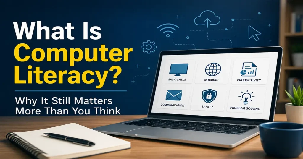 computer literacy skills illustration — laptop with document, shield, and cloud icons on a dark blue background