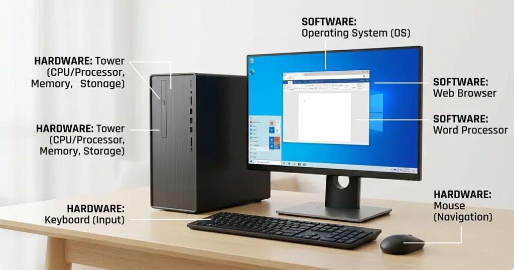 computer literacy concepts including file management, online safety, and cloud tools displayed on a screen