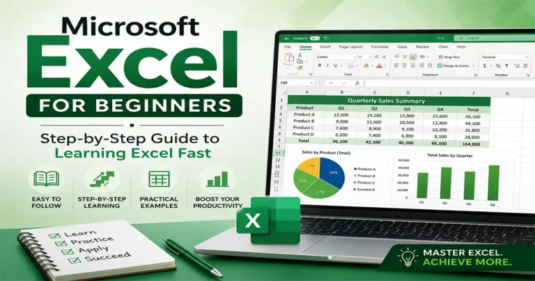 Microsoft Excel for beginners tutorial showing a spreadsheet with formulas on a laptop screen