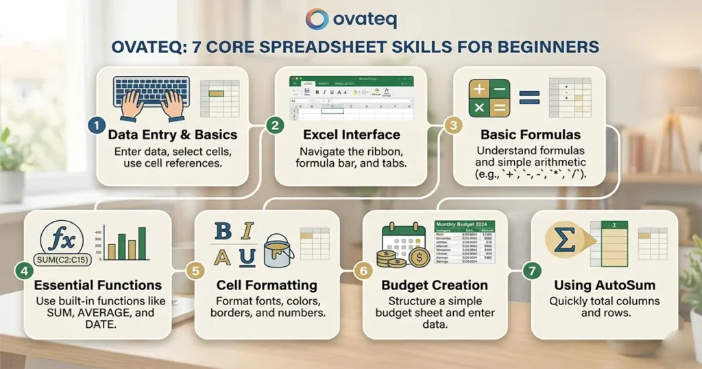 Microsoft Excel for beginners step-by-step skills checklist including sorting filtering and VLOOKUP