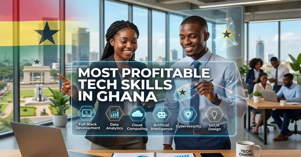 Ghanaian tech professional learning profitable tech skills in Ghana on a laptop in 2026