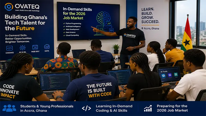 Young professionals learning profitable tech skills in Ghana at a coding training session in Accra