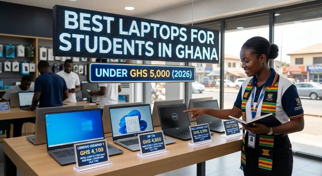 A female university student in Ghana standing next to a laptop display counter showcasing budget laptops priced under GHS 5,000.
