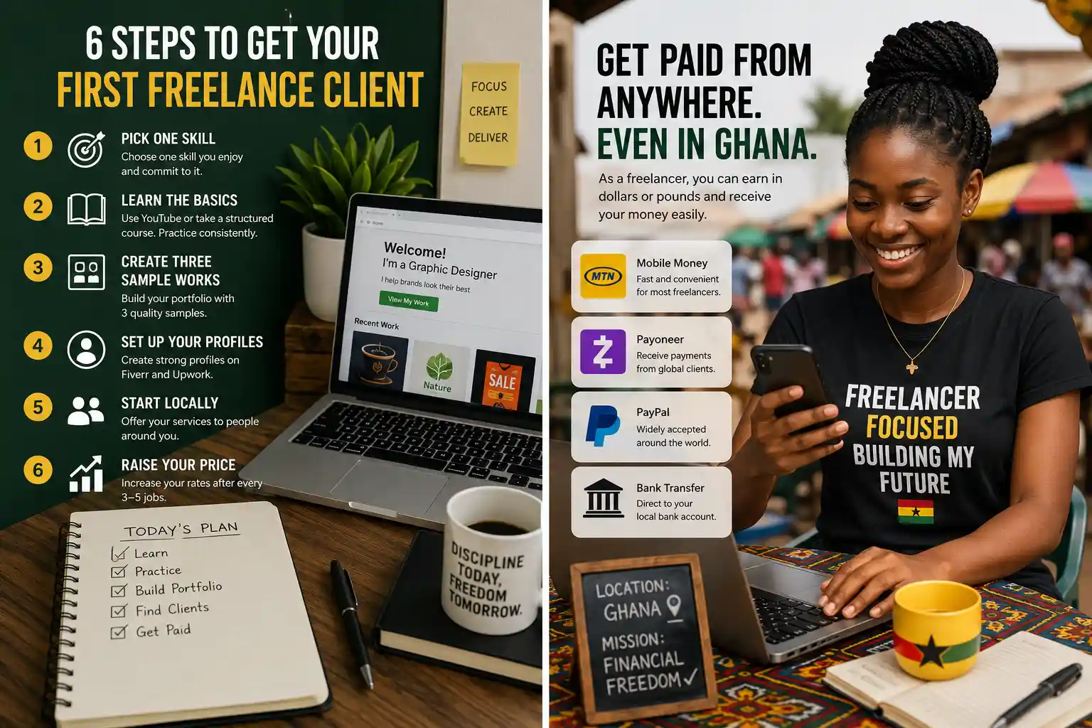 Notebook with a setup checklist for a Fiverr and Upwork profile next to a phone showing a portfolio sample