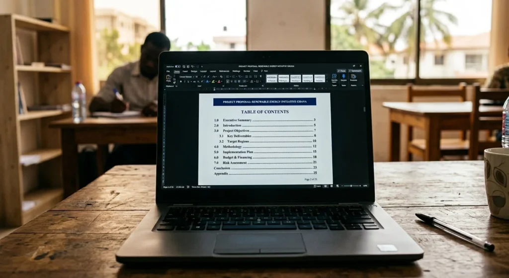Laptop displaying a professionally formatted Microsoft Word project proposal with an automatic table of contents and consistent heading styles