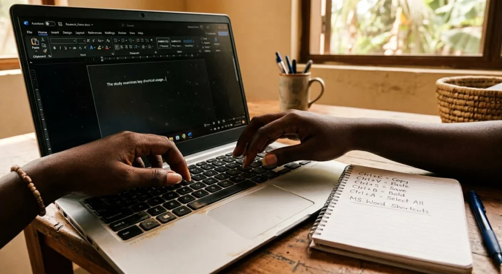 Hands typing on a laptop keyboard beside a notebook listing essential Microsoft Word keyboard shortcuts such as Ctrl+C, Ctrl+V and Ctrl+S