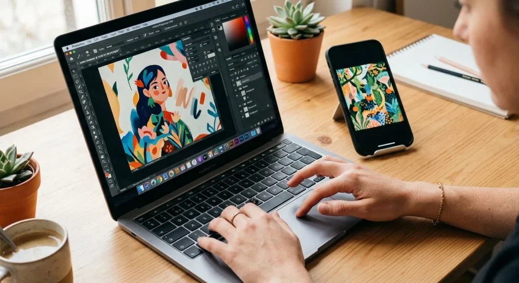 Designer adjusting colour in Adobe Photoshop on a laptop while checking how the artwork looks on a mobile phone preview