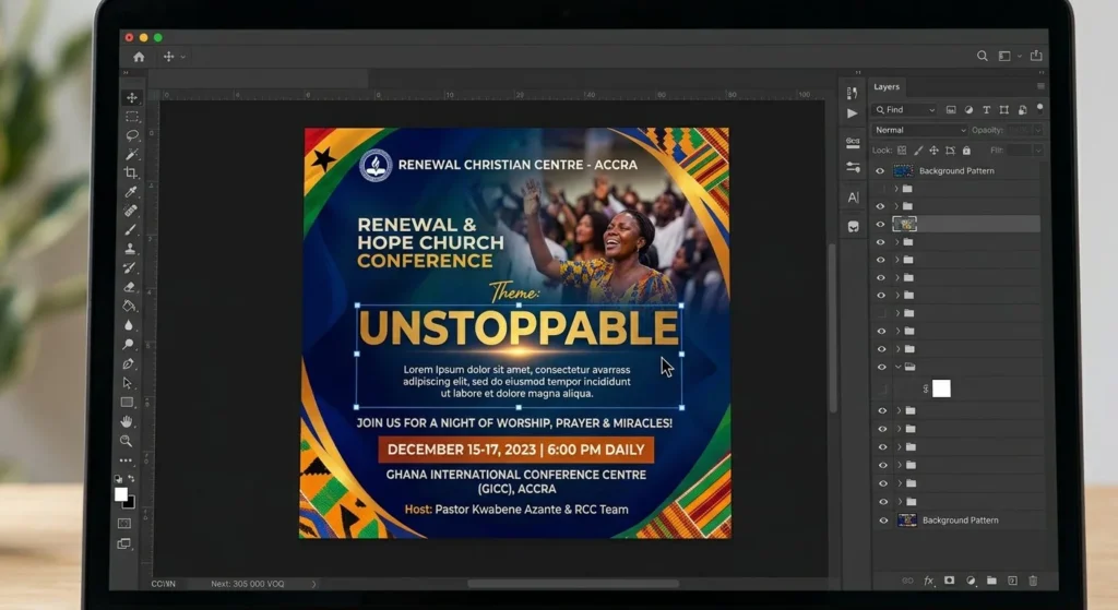 Adobe Photoshop layers panel open beside a Ghanaian church conference flyer design showing organised, named layer groups