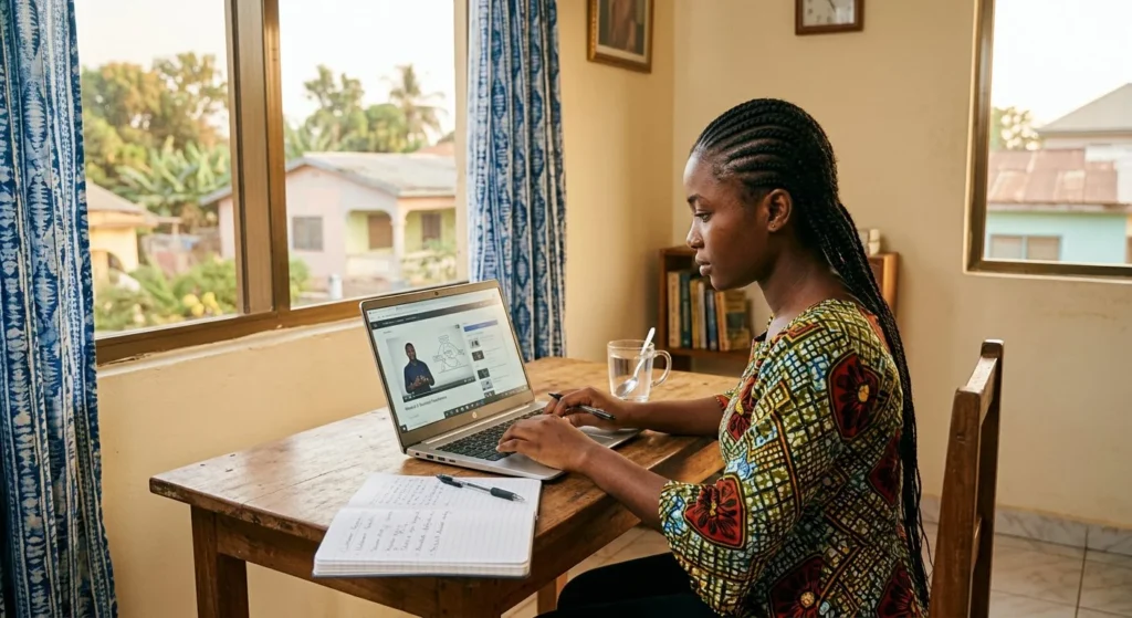Young Ghanaian student focused on online learning at a laptop in a bright study space — tips for online course success