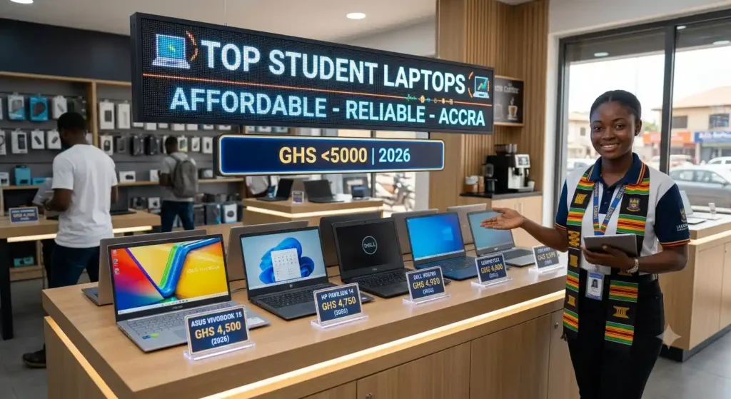 A student representative presenting affordable laptops under 5,000 GHS inside a bright Accra computer store.