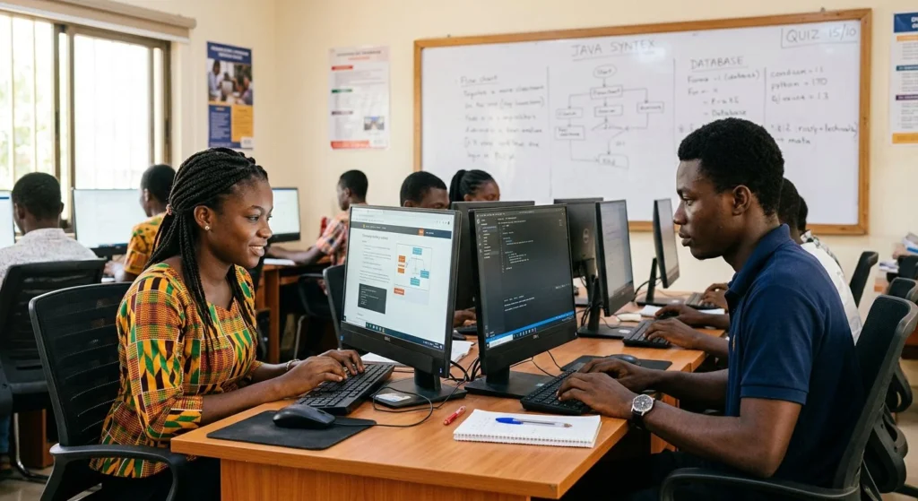 Male and female Ghanaian students learning computer skills together in a modern classroom — best computer courses in Ghana