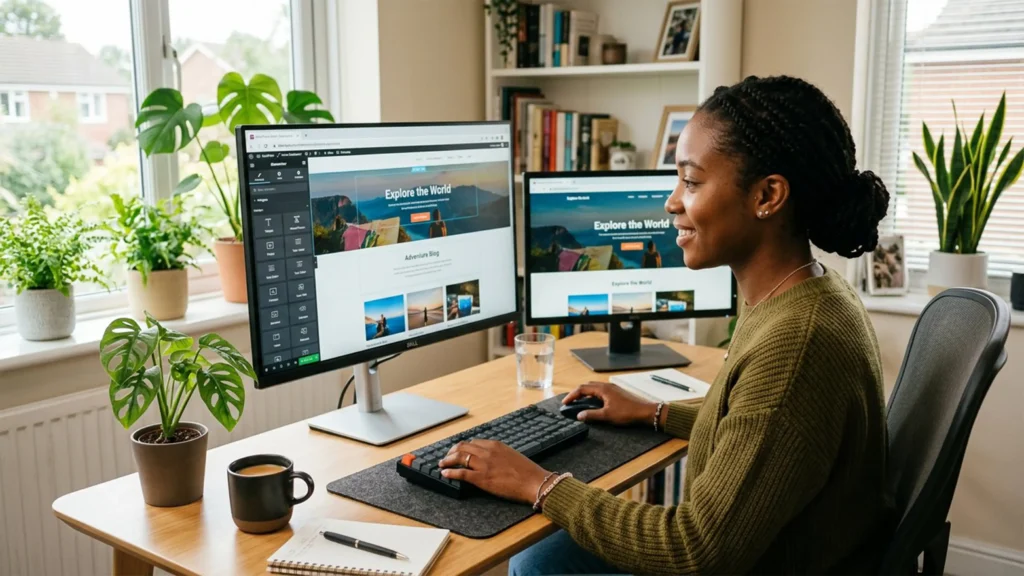 Web designer building a custom website page using WordPress and Elementor page builder