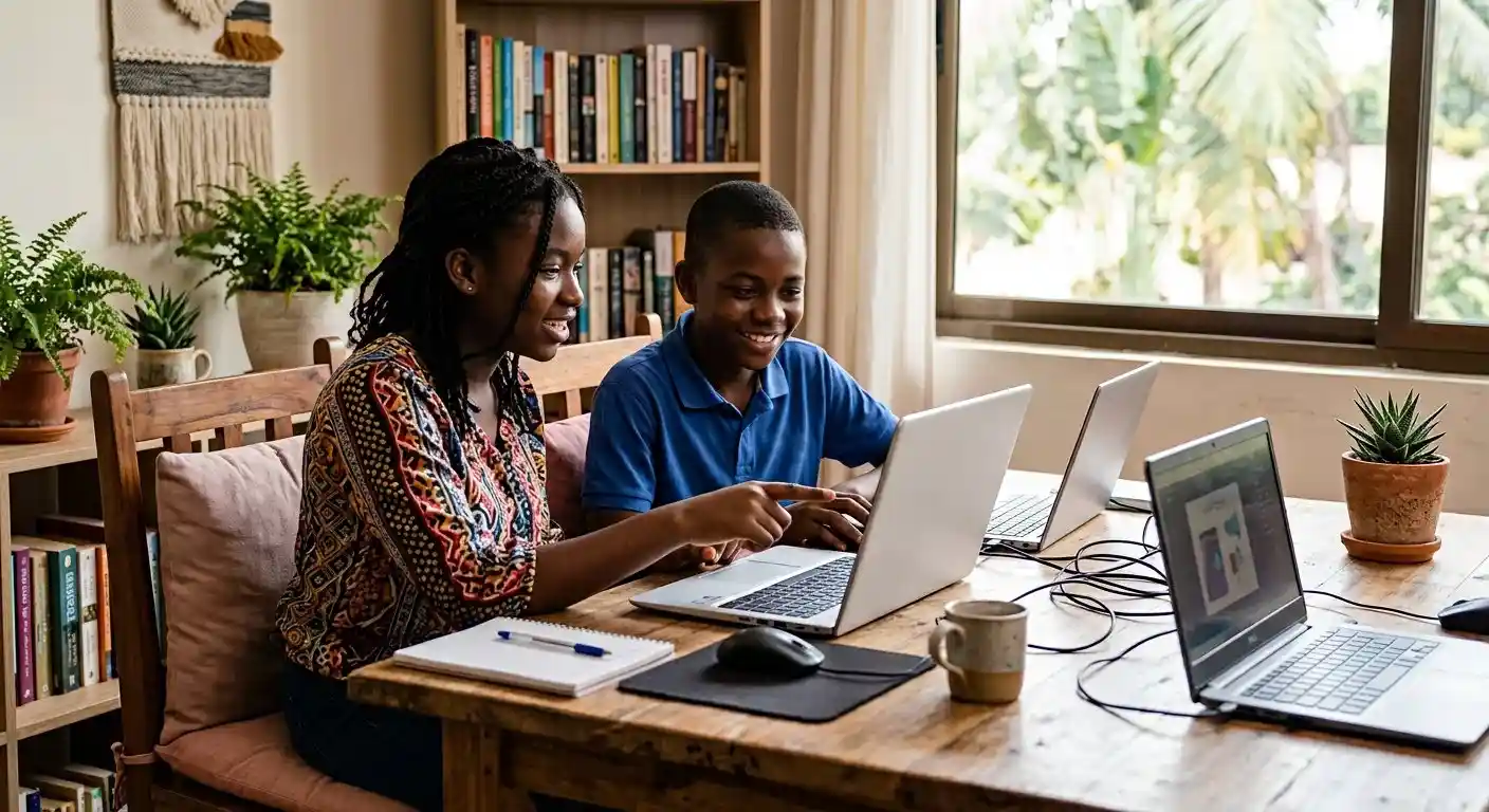 Two learners building digital skills on laptops in a relaxed home study space